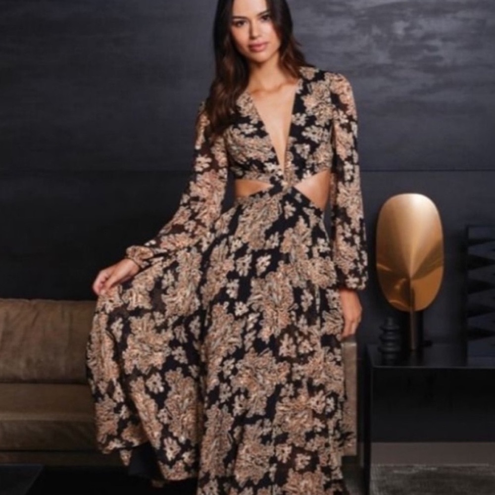 Gianni Bini Marisol Jacquard Cut-Out Long Dress | Size 6 | Amber Black
